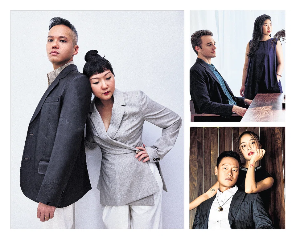 Power couples (clockwise from left): Hunn Wai and Olivia Lee; Melissa Ng and Rackley Nolan;  Andrew Li and Germaine Tan.