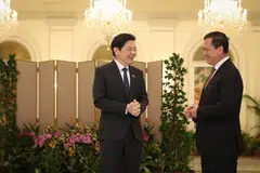 Prime Minister Lawrence Wong (left) with his Cambodian counterpart Hun Manet during the latter's visit to Singapore in June 2024. The Singapore leader will visit Phnom Penh on Jul 2. 