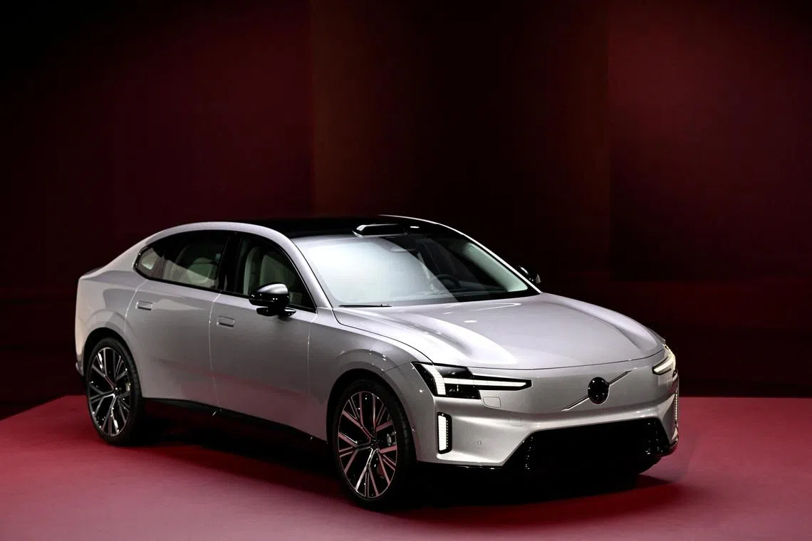 Volvo's new electric car ES90 is displayed at an event at Artipelag outside Stockholm, Sweden.