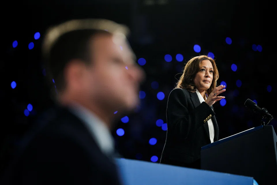Democratic presidential nominee US Vice-President Kamala Harris speaks during a campaign rally at East Carolina University, in Greenville, North Carolina, Oct 13, 2024. 
