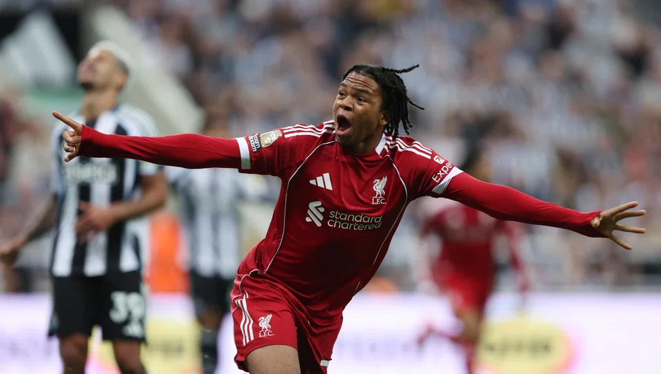 Liverpool teenager Rio Ngumoha celebrating after scoring the winning goal in his team's victory over Newcastle in the EPL on Aug 25.