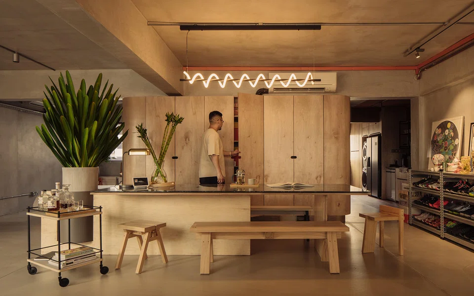 A full-height cabinet is the central organising core of the flat. 