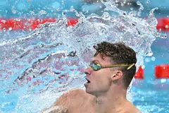 French swimming sensation Leon Marchand wins the final of the men's 200m breaststroke during the Paris Olympic Games at the La Defense Arena.
