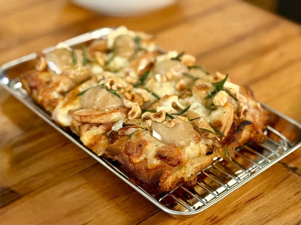 Slab of bacon apple pizza.