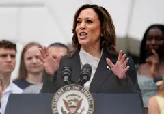 US Vice-President Kamala Harris, delivers remarks to the women and men's National Collegiate Athletic Association (NCAA) Champion teams in her first public appearance since President Joe Biden dropped out of the 2024 race, on the South Lawn of the White House, July 22, 2024. 
