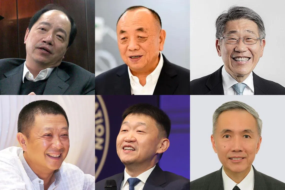 Clockwise from top left: Jason Chang, Li Xiting, Phillip Ng, Robert Ng, Forrest Li and Zhang Yong. The six are among 55 billionaires in Singapore on Forbes' list.