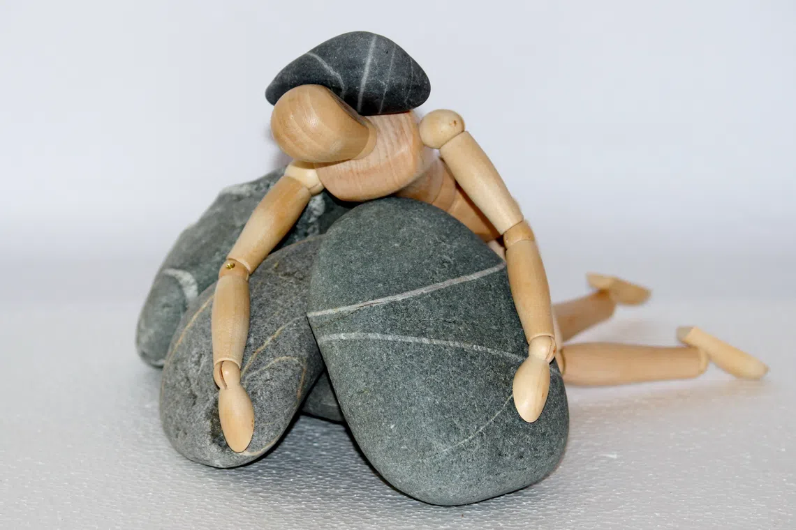 wooden figure, stones, struggle for life