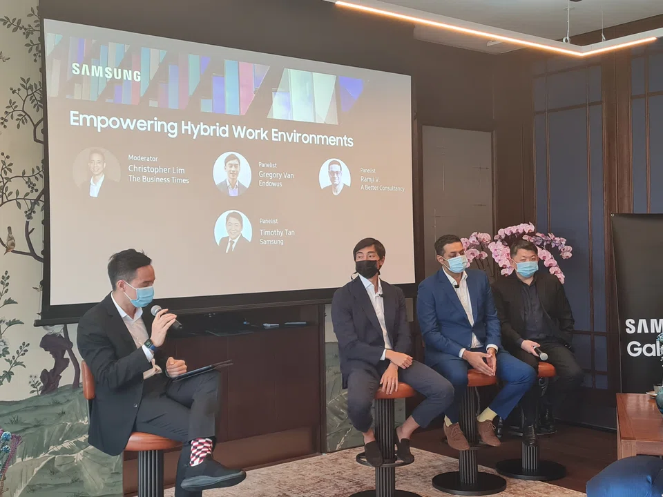 Endowus' Gregory Van,  A Better Consultancy's Ramji Venkateswaran and Samsung Electronics' Timothy Tan spoke about how enterprises can manage security at a panel discussion on hybrid work environments.
