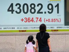 Following Wall Street overnight gains, the Nikkei benchmark crossed the 43,000 line for the first time in the morning trading session, Tokyo, Japan, Aug 13, 2025.