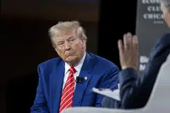 Former US President Donald Trump, the Republican presidential nominee, during an interview with John Micklethwait, Bloomberg editor-in- chief, in Chicago, US, Oct 15, 2024. In a combative interview, the former president hinted at even higher tariffs as an economic magic bullet. 
