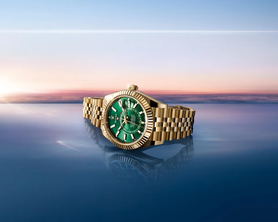The Sky-Dweller’s bright green dial is matched with an 18-carat yellow gold Jubilee bracelet.