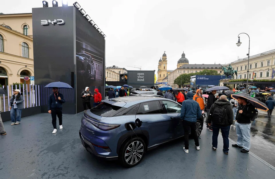 A Sealion 7 car on display at a BYD booth during the IAA Mobility International Motor Show, Munich, Germany, Sep 10, 2025. 
