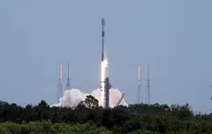 A SpaceX Falcon 9 rocket carrying Starlink V2 Mini satellites. Report says the company was also granted a licence to use radio frequencies and radio equipment.