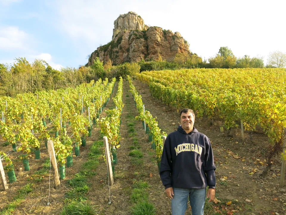 Desai in Macon, Burgundy, in front of the limestone escarpment Roche de Solutre. 