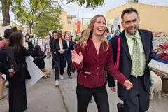 Eva Lighthiser (second from right), along with other plaintiffs in the Lighthiser v. Trump case, arrive at the Russell Smith Courthouse in Missoula, Montana, Sep 16, 2025. A group of young Americans say President Donald Trump is trampling their inalienable rights through an aggressive push for fossil fuels and a crusade against federal climate science. 