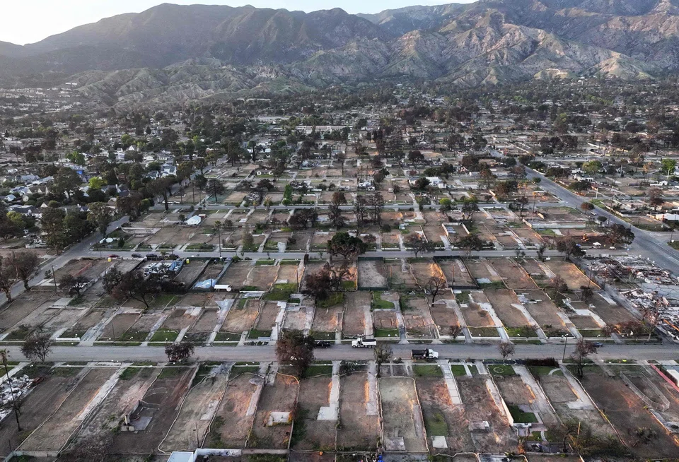An aerial view of properties cleared of wildfire debris in Altadena, California, in January.