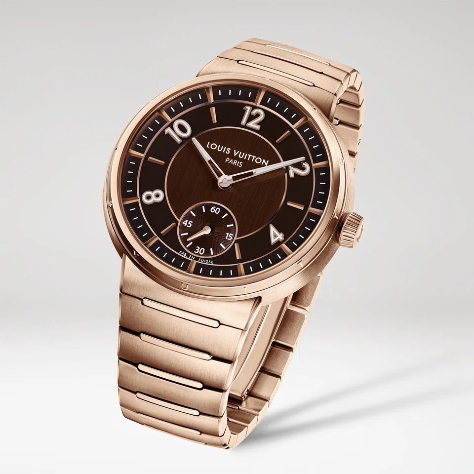 The new Tambour in rose gold with a brown dial.