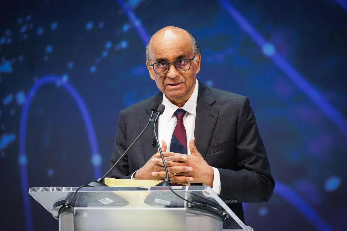 President Tharman Shanmugaratnam speaking at the Per Jacobsson Foundation Lecture in Washington, US, Oct 15. 2025.