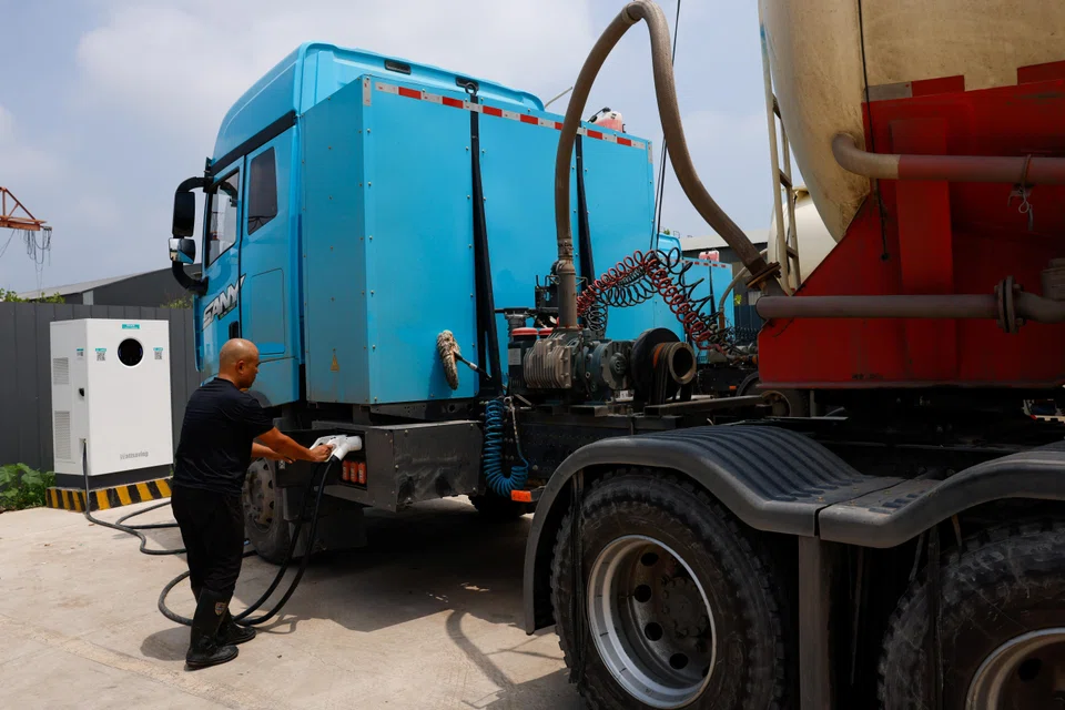 A Sany Heavy Industry truck at a charging station in Hebei. The magnitude of the EV truck sales boom in China over the past 12 months has been breathtaking.