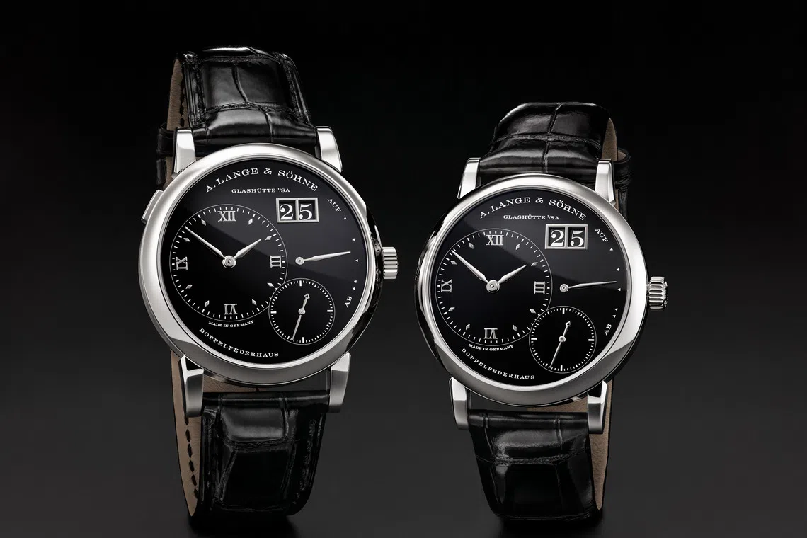 Limited edition Lange 1 and Little Lange 1 platinum models with black onyx dials – a rare material in watchmaking that elevates the timepiece to a new level of sophistication. 