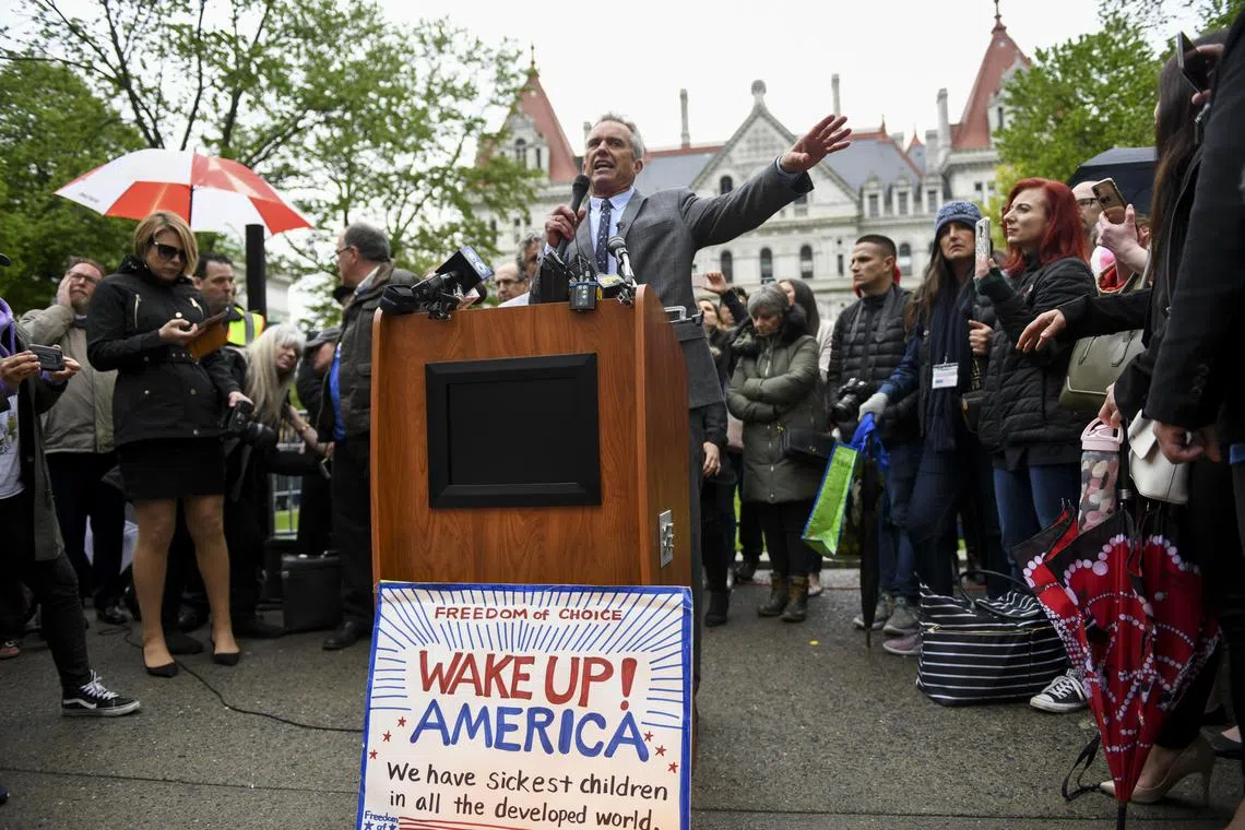 Robert F Kennedy Jr campaigns against childhood vaccine mandates at a rally in Albany, New York, May 14, 2019. 