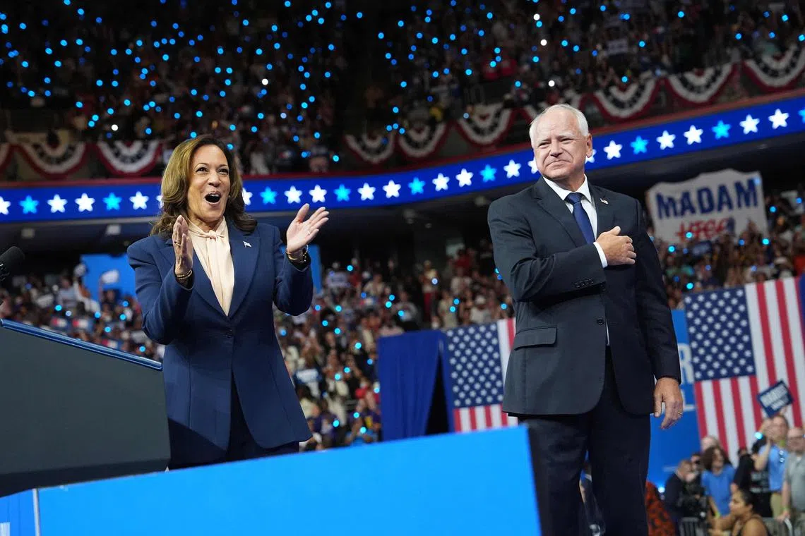 US Vice-President Kamala Harris and Democratic vice-presidential candidate Minnesota Gov. Tim Walz during a campaign event at Girard College in Philadelphia, Pennsylvania, Aug 6, 2024.