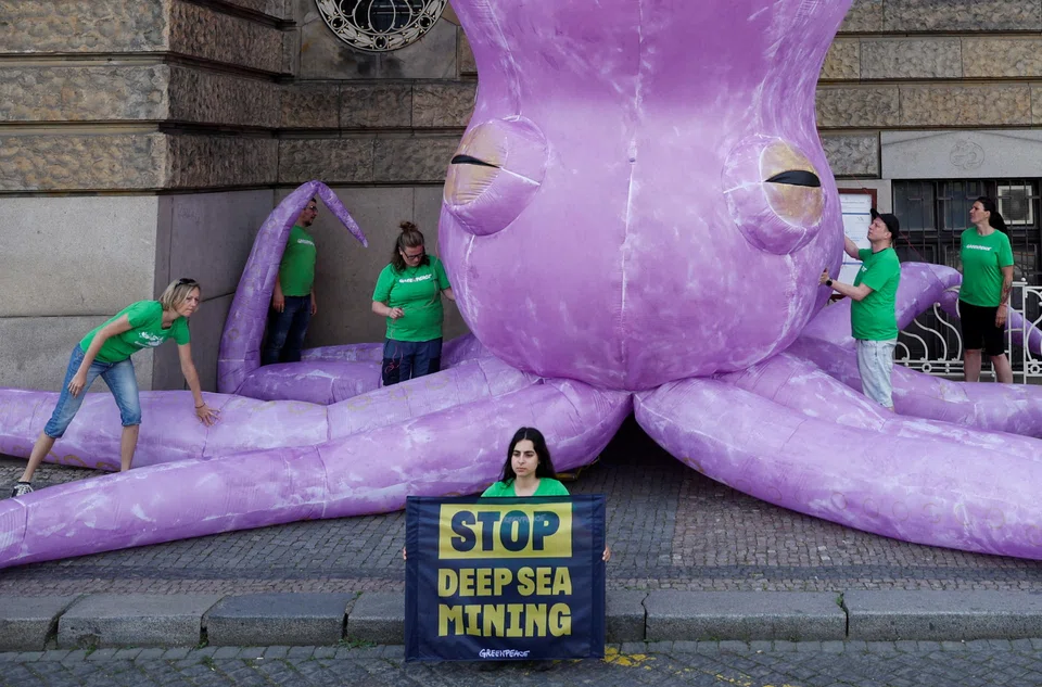 There is now a growing chorus for a moratorium on deep-sea mining. Greenpeace activists protest in front of the Ministry of Industry in Prague, Czech Republic, Jun 1, 2023. 