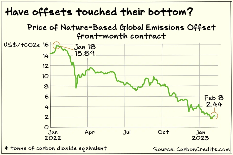 The price of front-month futures on Nature-Based Global Emissions Offsets have been falling since their peak in January 2022, and recent critical reports have pummelled an already soft market.