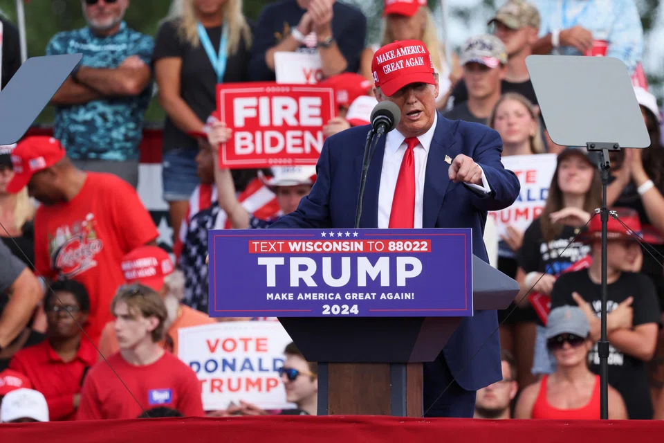 Former US President and Republican presidential candidate Donald Trump speaks during a campaign event, Racine, Wisconsin, June 18, 2024. 
