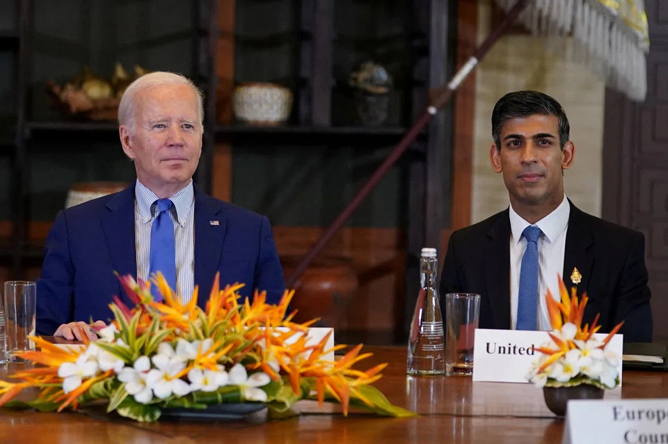 US President Joe Biden and British Prime Minister Rishi Sunak at the Group of 20 summit in Bali, Indonesia, November 2022.