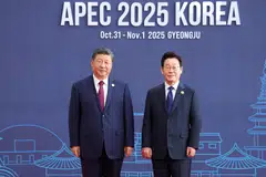 (From left) China's President Xi Jinping and South Korea's President Lee Jae Myung at the Asia-Pacific Economic Cooperation (Apec) summit in Gyeongju, South Korea, Oct 31, 2025.  