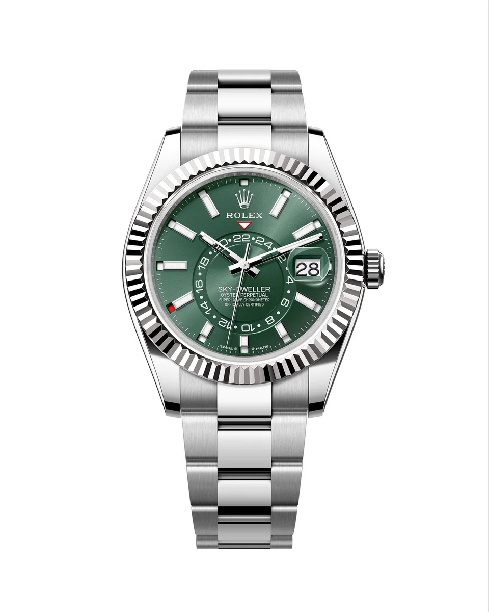 The Oyster Perpetual Sky-Dweller in Oystersteel and white gold, with a mint green dial.