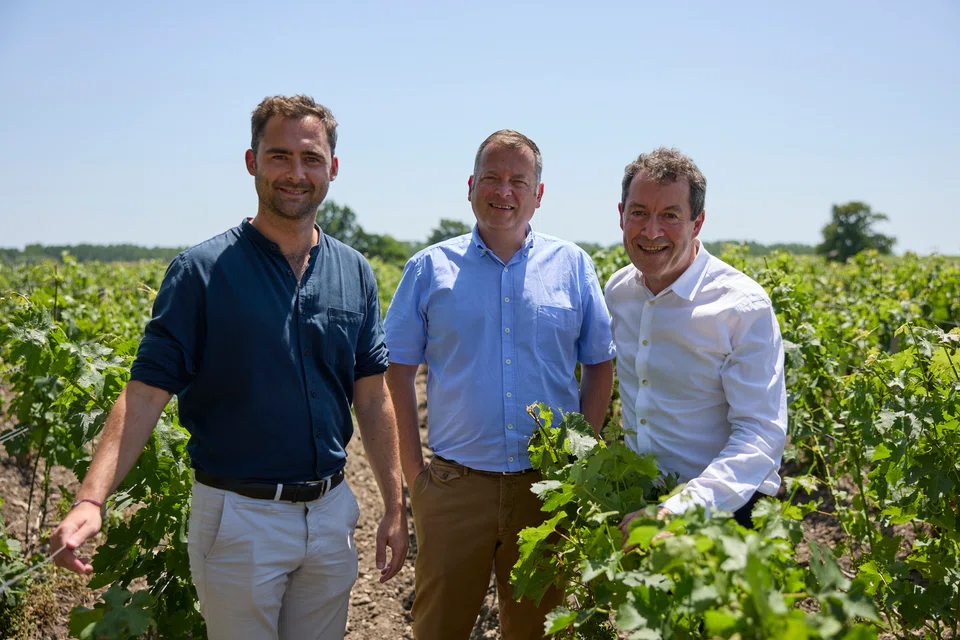 Peter Gago, Penfolds chief winemaker with Dourthe's winemaker Frederic Bonnaffous and Valentin Jestin, Director of Commercial & Marketing of Dourthe.