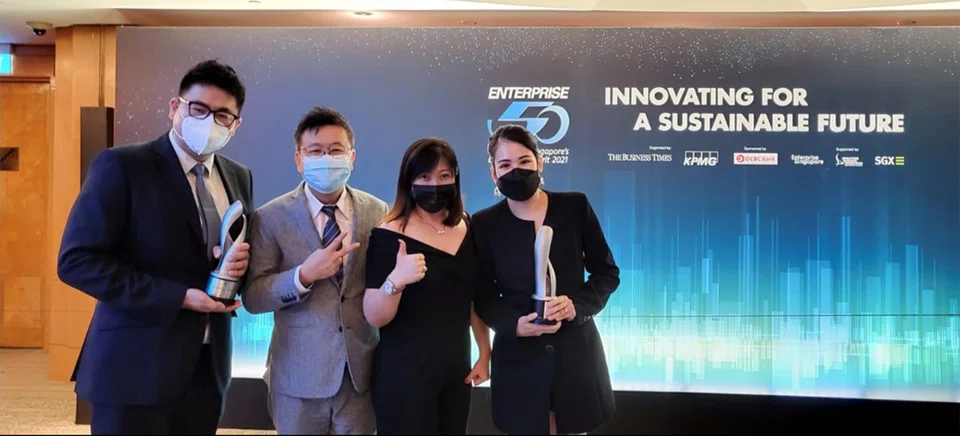 At the Enterprise 50 Awards 2021, MCI Outsourcing was a first-time winner, while MCI Career Services won for a second time. From left: Ryan Ng, chief executive officer of MCI Career Services and MCI Outsourcing; Ong Boon Huat, chairman of MCI Investment Holding; Jo Ong, regional director of MCI Investment Holding; and Eunice Tan, business development manager of MCI Career Services.