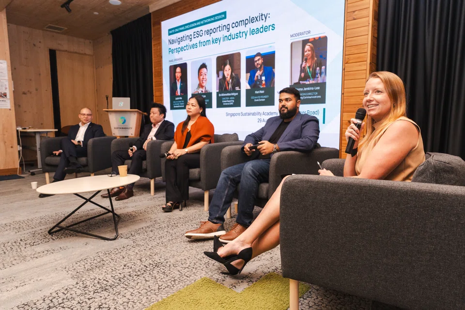 From left: Justin Ma, executive director of Sustainable Finance at Standard Chartered; Gerard Lim, director of Regional Transformation at Motul Asia Pacific; Allinnettes Adigue, head of the Asean Regional Hub of GRI; Hari Nair, CEO and co-founder of Zuno Carbon; and moderator Emma Jenkins-Lee, managing director of Spurwing Communications.