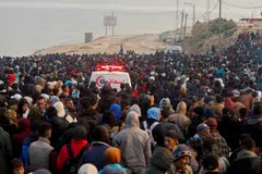 Palestinians waiting to be allowed to return to their homes in northern Gaza; the vast majority of Gaza’s people have been displaced, often multiple times, by the Gaza war that began after Hamas’s attack on southern Israel on Oct 7, 2023.