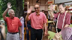 Presidential candidates Tharman Shanmugaratnam (centre) and Tan Kin Lian (right) continued walkabouts, while Ng Kok Song (left) appeared at a dialogue on Friday.