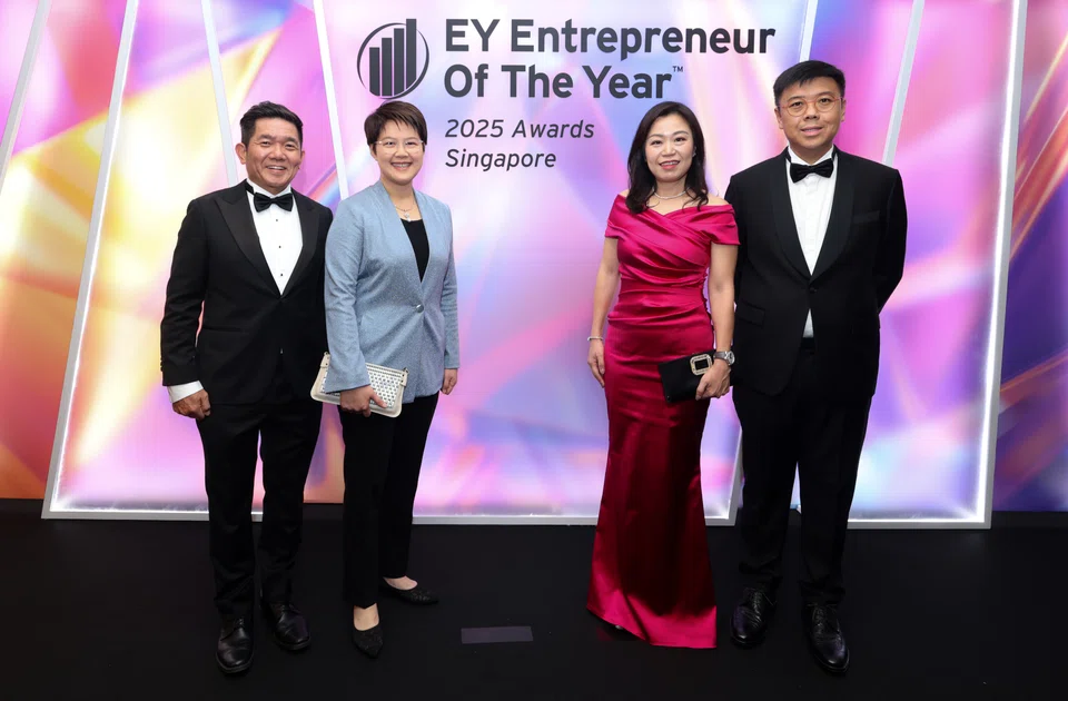 Winners of different categories for the EOY Awards. From left: Patrick Cheo from Adam Khoo Learning Technologies; HMI Medical's Chin Wei Jia; Worldwide Hotels' Carolyn Choo; and LHN Group's Kelvin Lim.