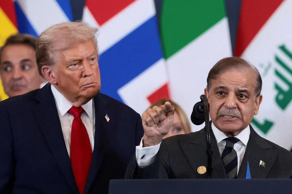 Pakistan's PM Shehbaz Sharif, seen here with US President Donald Trump, urged "all warring parties" to observe a ceasefire everywhere for two weeks "to allow diplomacy to achieve conclusive termination of war".