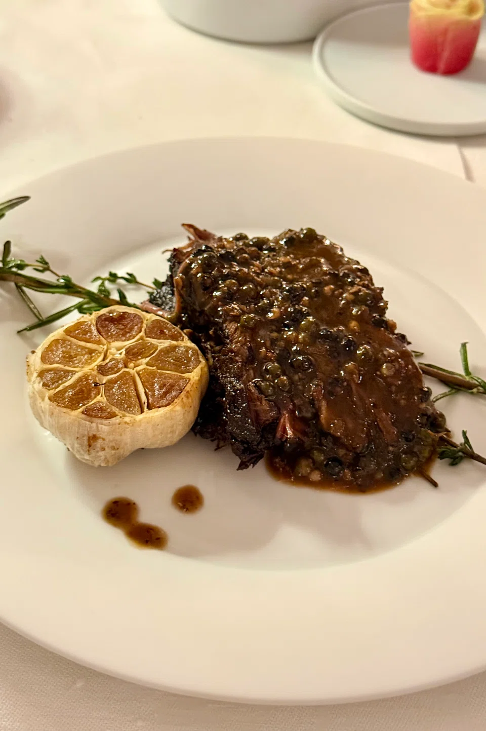 Braised beef short rib in seven-pepper sauce.