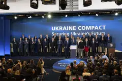 US President Joe Biden and Ukraine President Volodymyr Zelenskyy pose with the Ukraine Compact and Nato leaders in Washington, D.C., July 11, 2024. 