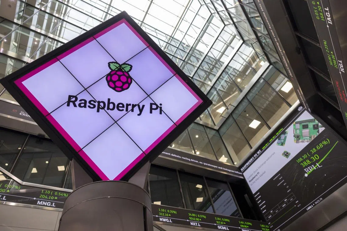 The Raspberry Pi Ltd. logo on a digital display during the company's trading debut on the London Stock Exchange in London, UK, on Tuesday, June 11, 2024. British personal computer maker Raspberry Pi shares jumped on its first day as a public company, offering a boost to London
