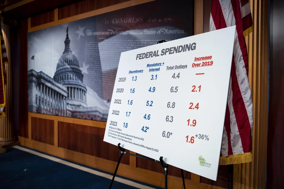 A sign on federal spending following a news conference at the US Capitol in Washington, DC, on Wed Jan 25, 2023. 