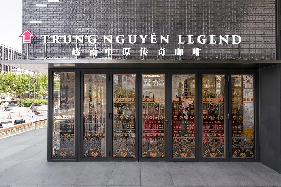 The exterior of Trung Nguyen Legend Coffee's first store in China, located in Shanghai. The store opened in September 2022.