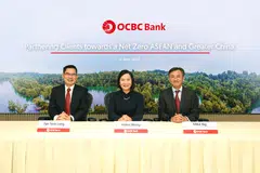 From left: OCBC's head of global wholesale banking Tan Teck Long, chief executive officer Helen Wong, and head of global wholesale banking sustainability office Mike Ng, at the announcement of the bank's decarbonisation targets on Tuesday (May 16).