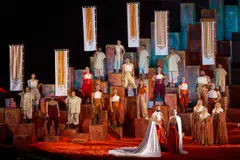 Shakespeare In The Park: Macbeth stars Ghafir Akbar and Julie Wee (front of stage) as Macbeth and Lady Macbeth.