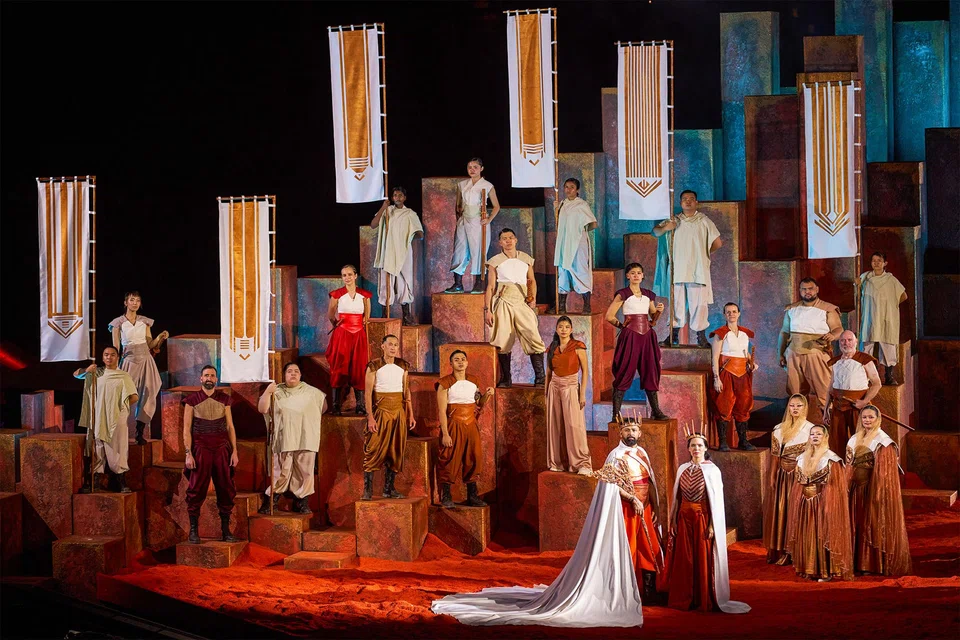 Shakespeare In The Park: Macbeth stars Ghafir Akbar and Julie Wee (front of stage) as Macbeth and Lady Macbeth.