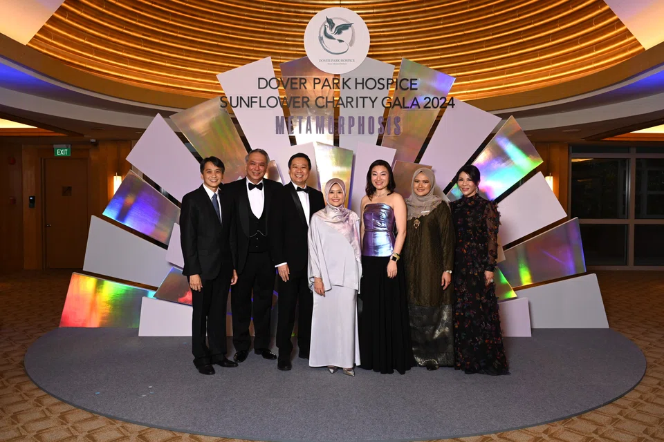 From left: Dr Mervyn Koh, medical director, Dover Park Hospice; Dr Kwa Chong Teck, co-chairman Dover Park Hospice Fundraising Sub-committee; Associate Professor Jeremy Lim, chairman, Dover Park Hospice; Rahayu Mahzam, Minister of State for Health as well as Digital Development and Information; Dr Liew Li Lian, chief executive, Dover Park Hospice; Atiqah Tanty, director of nursing, Dover Park Hospice; Dr Karen Soh, co-chairman, Dover Park Hospice Fundraising Sub-committee at the Sunflower Charity Gala 2024.