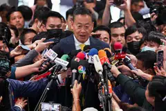 New Thai Prime Minister Srettha Thavisin speaking to the media as he arrives at the Pheu Thai Party headquarters in Bangkok, Aug 24. 