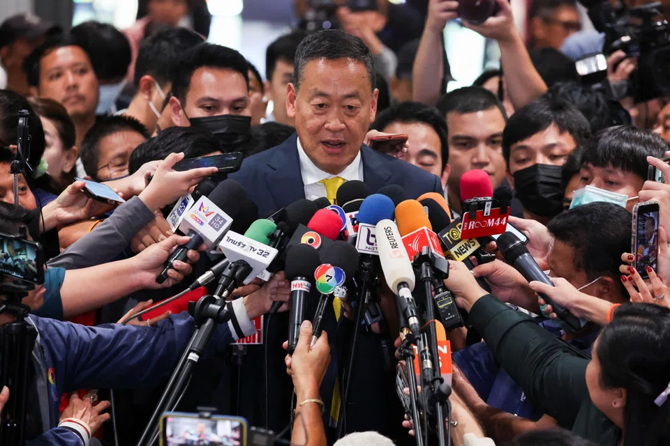 New Thai Prime Minister Srettha Thavisin speaking to the media as he arrives at the Pheu Thai Party headquarters in Bangkok, Aug 24. 
